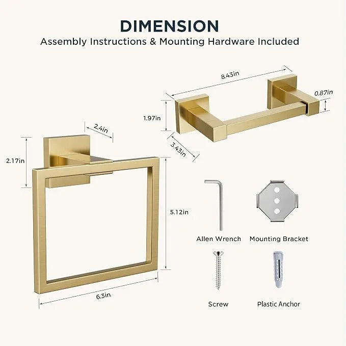 FORIOUS Toilet Paper Holder Set Wall Mount, SUS 304 Stainless Steel Pivoting Toilet Paper Holder and Towel Ring, Hand Towel Holder Set for Bathroom, Square Bathroom Hardware Set, Brushed Gold - ModernBath