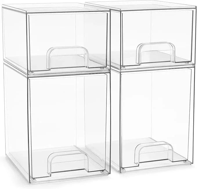 Sorbus Acrylic Storage Containers - 4 Pack, Stackable Storage Bins Set for Bathroom Organization - Clear Acrylic Drawer Organizers - Makeup Case Pull-Out Drawers (7.6’’ and 4.4’’ Tall) - ModernBath