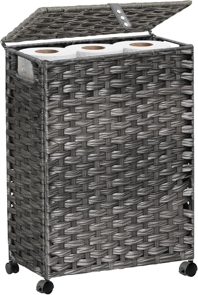 Hiagnete Toilet Paper Storage Basket with Lid and Wheels, Rattan Toilet Paper Holder Storage, Toilet Paper Organizer for Bathroom, Bedroom, Kitchen, 12.6”L x 7.1”W x 17.14”H, Grey - ModernBath