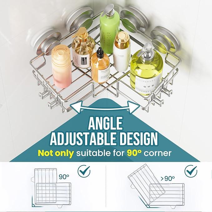 TAILI Corner-adaptive Suction Cup Shower Caddy 2 Pack, Stainless Steel Rustproof Corner Shower Shelves, Drill-Free Wall Mounted Baskets, Large Capacity, Removable Suction Cup Bathroom Organizer, Gray - ModernBath