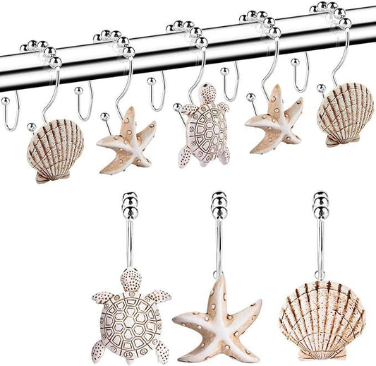 Double Shower Curtain Hooks,12Pcs Seashell Shower Curtain Rings Double Shower Curtain Hooks Decorative Bathroom for Home Bathroom Bedroom Living Room - ModernBath
