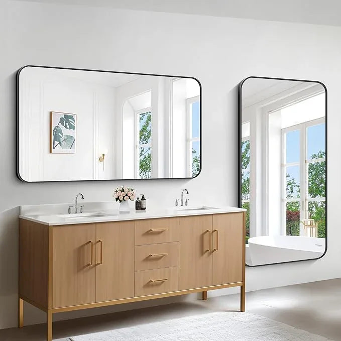 CIVENO Bathroom Mirror, 30"x55" Black Rectangle Wall Mirror, Metal Frame Rounded Corner Vanity Mirror, Large Wall Mounted Mirror for Modern Bedroom Living Room Horizontal Or Vertical Mounting - ModernBath