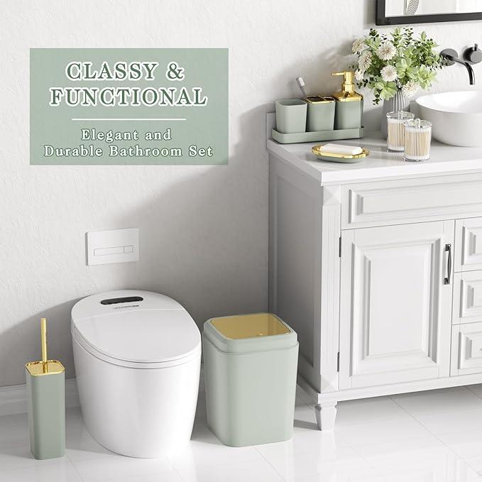 XLHOMO Bathroom Set, Sage Green Bathroom Accessories Set with Press-on Lid Bathroom Trash Can, Soap Dispenser, 10PC Bathroom Accessory Set for Home - ModernBath