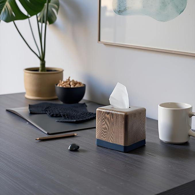 Hymmah Wooden Texture Square Tissue Box Cover Cube Tissue Holder Unique Design Klenex Box Dispenser for Bathroom Vanity Counter Tops Also Great for Bedrooms and Living Rooms - ModernBath