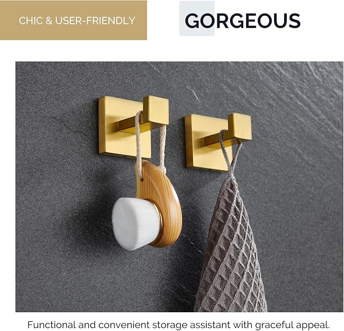 Angle Simple Towel Hook Brassy Gold 2 Pack, 304 Stainless Steel Square Robe Hook for Bathroom - ModernBath