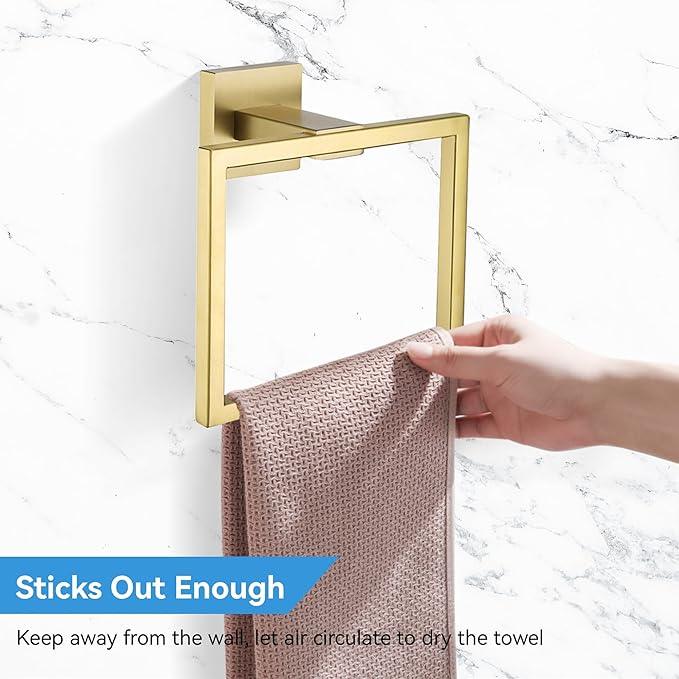 LANC Hand Towel Rings for Bathroom Wall Mount Brushed Gold Square Hand Towel Holder for Bath Kitchen Lavatory SUS304 Stainless Steel Contemporary Style Shower Towel Towel Racks Hanger, A8896BG - ModernBath