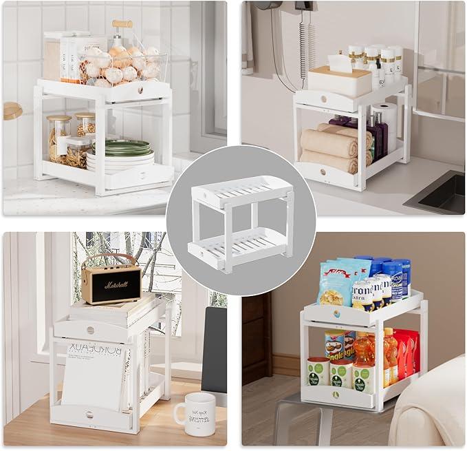 2 Pack Under Sink Organizer, Bamboo Wooden 2-Tier Pull-Out Storage with Sliding Drawers for Kitchen and Bathroom Cabinets, Easy Installation (White) - ModernBath