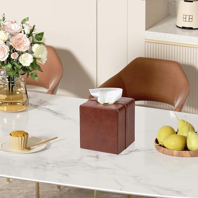 Cretkhp Luxury Square Tissue Box Cover, PU Leather Tissue Box Holder with Magnetic Closure and Gold Decorative Grommets for Bathroom Bedroom, Decorative Elegant Cube Tissue Holder (Brown) - ModernBath