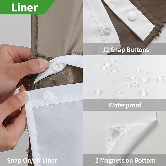 eachope no Hook Shower Curtain and Liner Set，Boho Style with See Through Top Window, Brown Fabric Tufted Striped Textured Outer Curtain & Waterproof Inner Liner, Brown, 71Wx80H - ModernBath