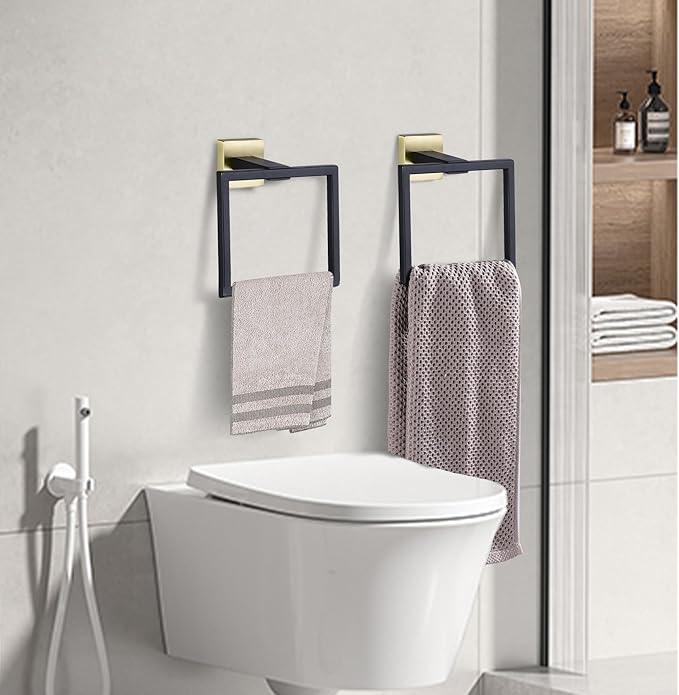 LANC Hand Towel Holder for Bathroom Wall Mount Matte Black and Brushed Gold Square Hand Towel Holder for Bath Lavatory SUS304 Stainless Steel Modern Style Shower Towel Towel Racks Hanger, A8896GK - ModernBath