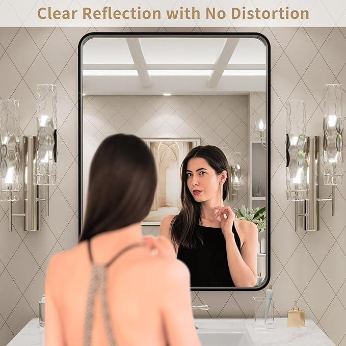 miroro Black 48x32 Inch Metal Framed Mirror for Wall, Large Rounded Rectangle Mirror, Anti-Rust, Tempered Glass, Hangs Horizontally or Vertically - ModernBath