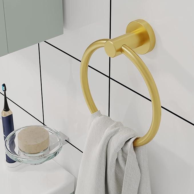 Gold Hand Towel Holder for Bathroom Kitchen Towel Ring Modern Rounded Base Wall Mount SUS304 Stainless Steel - ModernBath