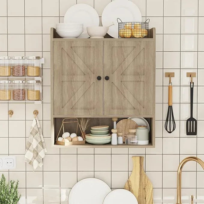 EasyCom 22" W x 26" H Bathroom Wall Cabinet, Farmhouse Medicine Cabinet with Adjustable Shelves and Double Barn Doors, Over The Toilet Storage Cabinet for Bathroom, Kitchen, Living Room, Oak Grey - ModernBath