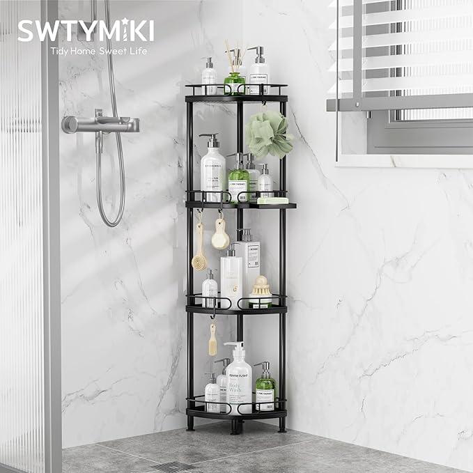 SWTYMIKI Corner Shower Caddy Standing - 4 Tier Stainless Steel Shower Organizer Stand with 4 Hooks & Soap Holder, Rustproof Metal Standing Tall Floor Shower Shelf and Bathroom Organizer, Black - ModernBath