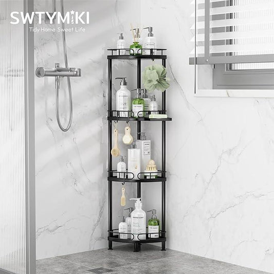 SWTYMIKI Corner Shower Caddy Standing - 4 Tier Stainless Steel Shower Organizer Stand with 4 Hooks & Soap Holder, Rustproof Metal Standing Tall Floor Shower Shelf and Bathroom Organizer, Black - ModernBath