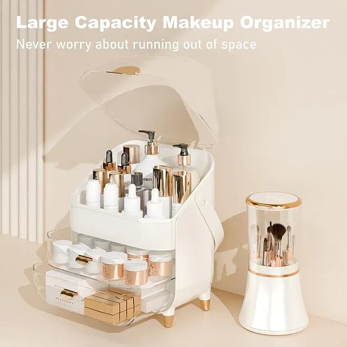 Makeup Organizer Countertop With Lid And Drawers Large Skin Care Cosmetic Display Case Holder for Vanity Desk Bathroom Storage Box Gift for Women Teens Girls,White With Brush Holder - ModernBath