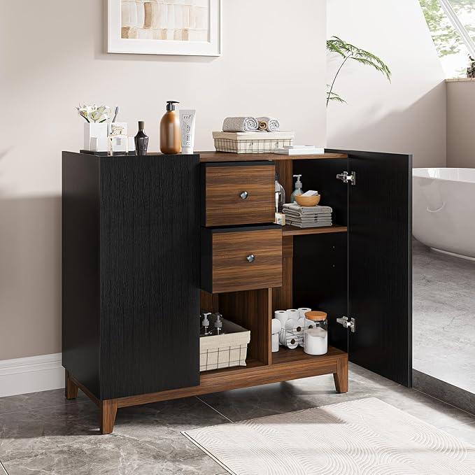 Bathroom Storage Cabinets with Drawers and Doors, Kitchen Storage Cabinet with Adjustable Shelf, Floor Sideboard Buffet Cabinet for Living Room, Kitchen, Hallway, Dining Room, Black Walnut - ModernBath
