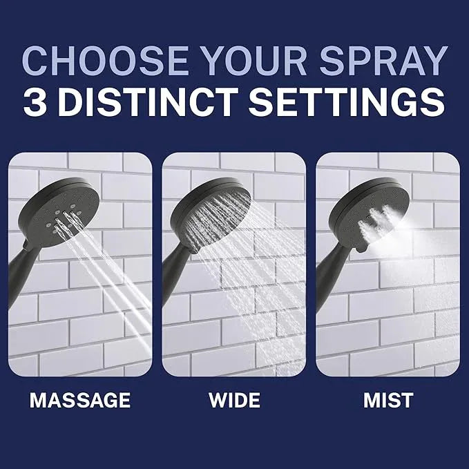 HammerHead Showers® Solid Metal 3-Spray Handheld Shower Head with Long Hose and Holder - MATTE BLACK - 2.5 GPM High Pressure Shower Head with Handheld Sprayer - WIDE, MASSAGE, and MIST Sprays - ModernBath
