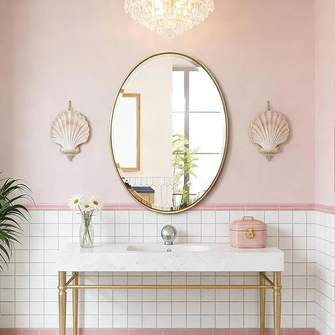 POZINO Brush Oval Vanity Mirror, 20"x28" Gold Mirror for Over Sink, Modern Rounded Mirrors with Stainless Steel Frame, Brass Beveled Mirrors for Bathroom Bedroom Living Room, Horizontal Or Vertical - ModernBath