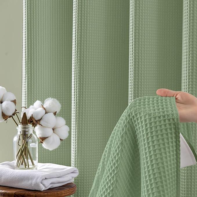 River Dream Sage Green Fabric Shower Curtain Set, Cotton Blend, Waffle Weave, with Snap in Replacement Liner，71 x 86 inches - ModernBath