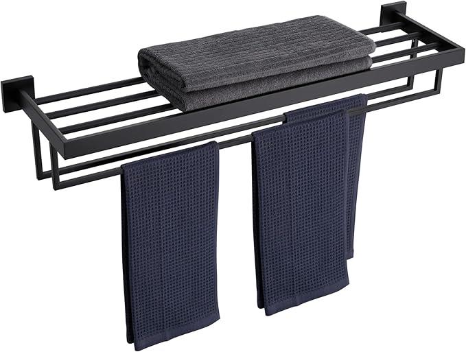 KOKOSIRI Black Towel Rack 32'' Bathroom Towel Shelf with Double Towel Bars SUS304 Matte Black Stainless Steel Wall Mounted, B6003BK-L32 - ModernBath