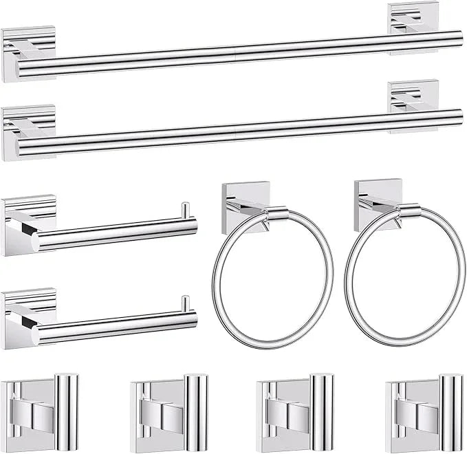 Polished Chrome Bathroom Hardware Accessories Towel Bar Set, 10 Pieces Bathroom Towel Bar Holder Set, 23.6 Inch Stainless Steel Toilet Paper Holder Towel Racks for Bathroom Wall Mounted - ModernBath