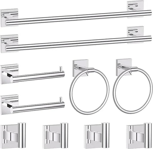 Polished Chrome Bathroom Hardware Accessories Towel Bar Set, 10 Pieces Bathroom Towel Bar Holder Set, 23.6 Inch Stainless Steel Toilet Paper Holder Towel Racks for Bathroom Wall Mounted - ModernBath