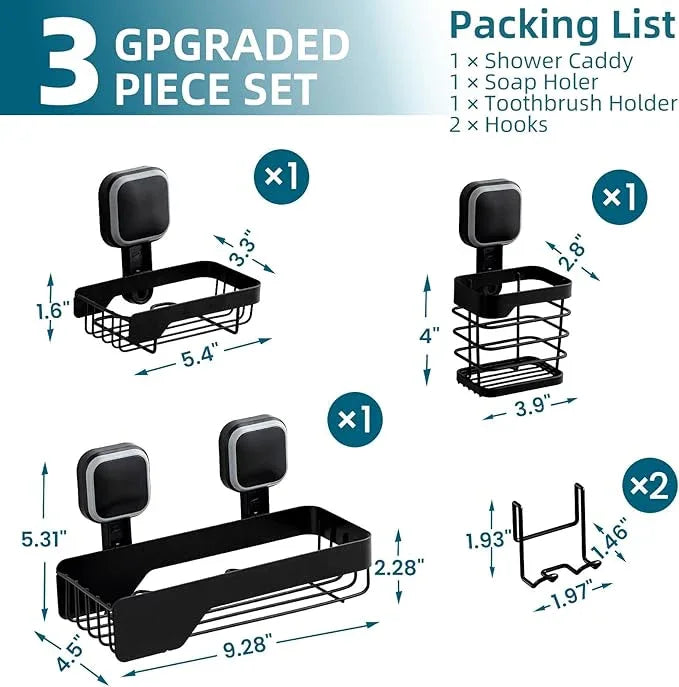 TAILI Shower Caddy Suction Cup 3 Pack, Stainless Steel Rustproof Shelves with Soap Holder Set, Drill-Free Wall Mounted Basket, Heavy Duty Removable Bathroom Organizers & Home Decor, Black - ModernBath