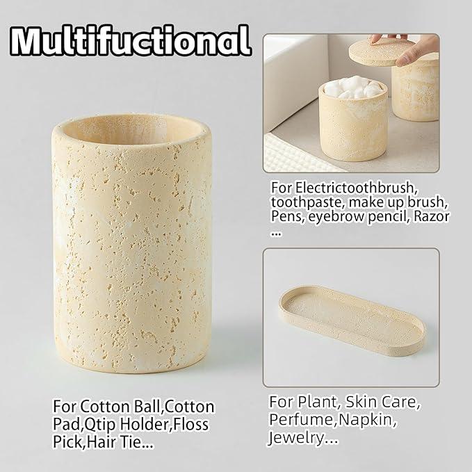 WUUAHOME Bathroom Accessories Set, Travertine Stone-Look, 6 PCS Bathroom Accessory Set with Soap Dispenser, Toothbrush Holder, Tumbler, Vanity Tray, Cotton Swab Jars for Countertop (Yellow) - ModernBath