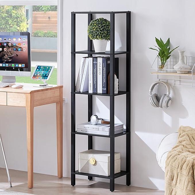 54in Tall Bookshelf 5-Tier Small Narrow Bookcase, Skinny Book Shelf for Small Space, Farmhouse Slim Shelf with Storage, Wood Freestanding Display Thin Bookshelves for Living Room, Office, Black - ModernBath