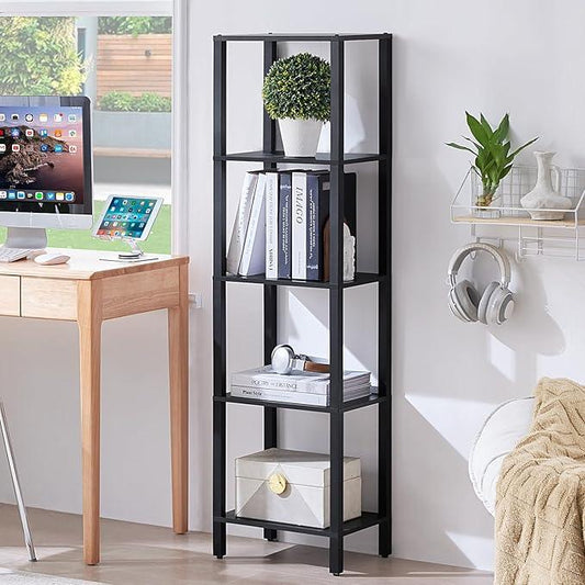 54in Tall Bookshelf 5-Tier Small Narrow Bookcase, Skinny Book Shelf for Small Space, Farmhouse Slim Shelf with Storage, Wood Freestanding Display Thin Bookshelves for Living Room, Office, Black - ModernBath