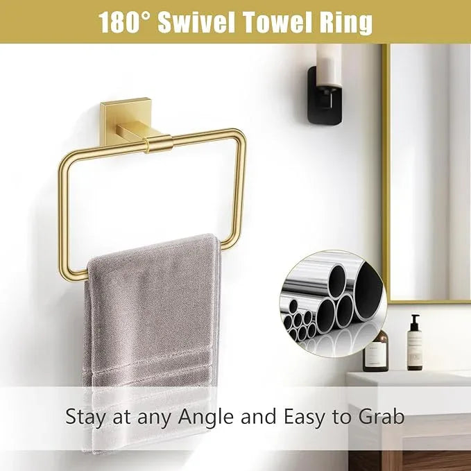 TNOMS Gold Towel Bar Set 5-Piece Brushed Gold Bathroom Hardware Accessories Set Include 23.6in Towel Bar Toilet Paper Holder Towel Ring Towel Hooks,Stainless Steel Towel Holder Set Wall-Mounted - ModernBath