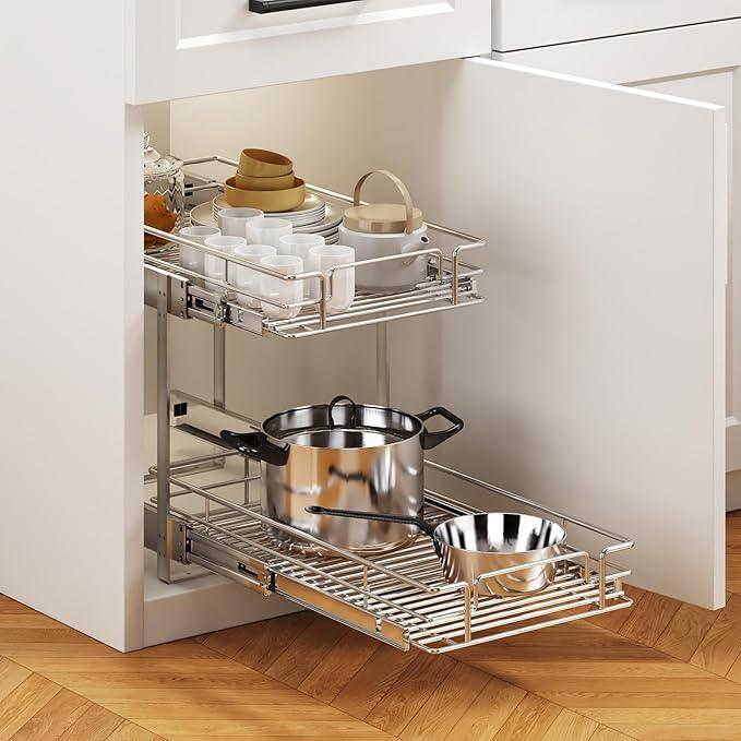 2 Tier Individual Pull Out Cabinet Organizer 16½" W x 21½" D, Heavy Duty Cabinet Pull Out Shelves, Slide Out Drawers Organization for Kitchen Cabinets Bathroom - ModernBath