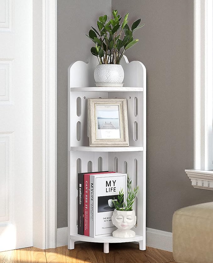 Meangood Bathroom Corner Shelf Stand, 3 Tier Solid Wood Display Shelf for Narrow Space, Shower Corner Shelf, Plant Stand Nightstand, for Living Room, Bedroom, Home Office, Elegant White