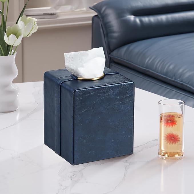 Cretkhp Luxury Square Tissue Box Cover, PU Leather Tissue Box Holder with Magnetic Closure and Gold Decorative Grommets for Bathroom Bedroom, Decorative Elegant Cube Tissue Holder (Blue) - ModernBath