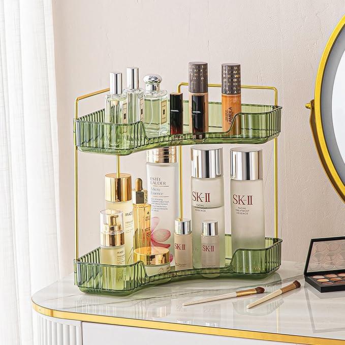 shuang qing 2-Tier Corner Bathroom Counter Organizer – Storage Shelf for Makeup, Perfume & Skincare, Space-Saving Countertop Tray Fits Bathroom, Dresser, Kitchen (Green) - ModernBath