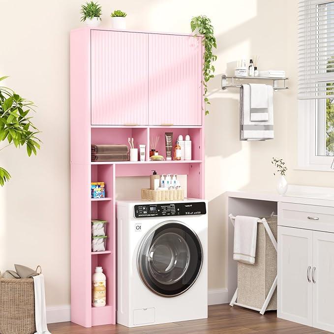 31" W Over The Toilet Storage Cabinet with Fluted Door, Pink Bathroom Organizer with Adjustable Shelf, Toilet Paper Holder Stand Wave Door for Restroom, Laundry Room - ModernBath
