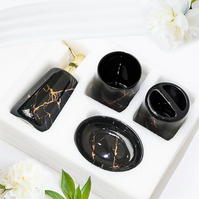 CERBIOR Bathroom Accessories Set,4 Pcs Ceramic Bathroom Decor Accessory,Includes Toothbrush Holder, Toothbrush Cup, Soap Dish for Decorative Countertop and Housewarming Gift(Black 4pcs) - ModernBath