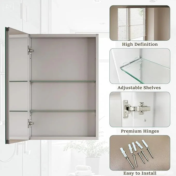 Bathroom Medicine Cabinet Mirror with Storage, 16 Inch x 24 Inch Silver Medicine Cabinet with Single Door & Adjustable Shelves for Vanity, Aluminum Surface, Wall-Mount or Recessed - ModernBath