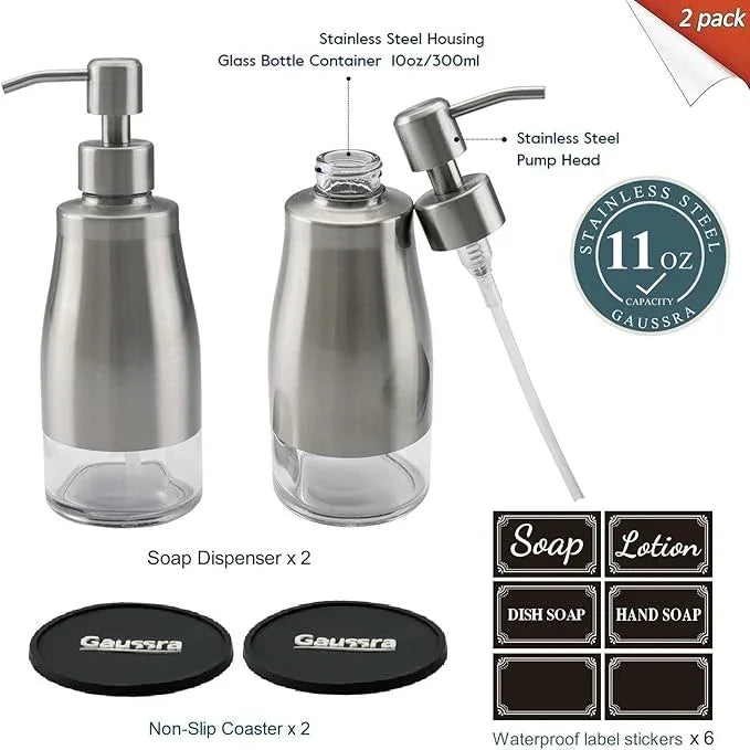 Gaussra 2 Pack Soap Dispenser with Coaster and Stickers, Stainless Steel Case Glass Liner Hand Pump Dispenser, Refillable Liquid Hand Soap Dispenser for Bathroom & Kitchen - Brushed Nickel - ModernBath