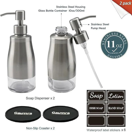Gaussra 2 Pack Soap Dispenser with Coaster and Stickers, Stainless Steel Case Glass Liner Hand Pump Dispenser, Refillable Liquid Hand Soap Dispenser for Bathroom & Kitchen - Brushed Nickel - ModernBath