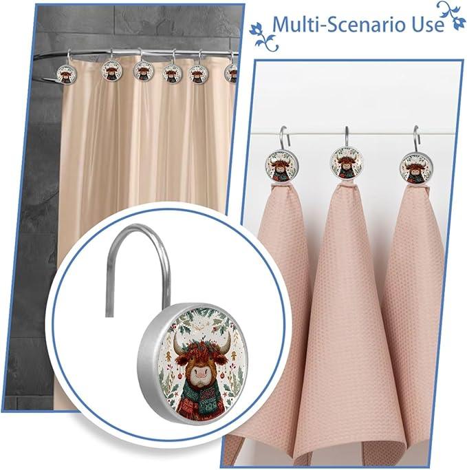 Highland Cows and Leaves Rust Proof Shower Curtain Hooks 12Pcs for Bathroom Shower Rod, Decorative Shower Hooks Shower Curtain Hanger Rings Roller, Glass, Resin, Stainless Steel - ModernBath