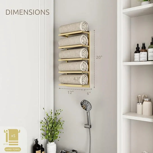 Modern Tiered Towel Rack - Wall-Mounted Metal Towel Shelf for Bathroom, Space-Saving Storage for Towels, Organizers, and Home Decor (Gold, 5-Tier) - ModernBath