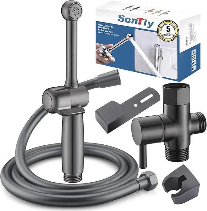SonTiy Handheld Bidet Toilet Sprayers Black Stainless, Cloth Diaper Sprayer Bathroom Hand Held Jet Spray Bidet Attachment for Toilet with Adjustable Pressure Control, Solid Brass, 7.9" Bidet Wand - ModernBath