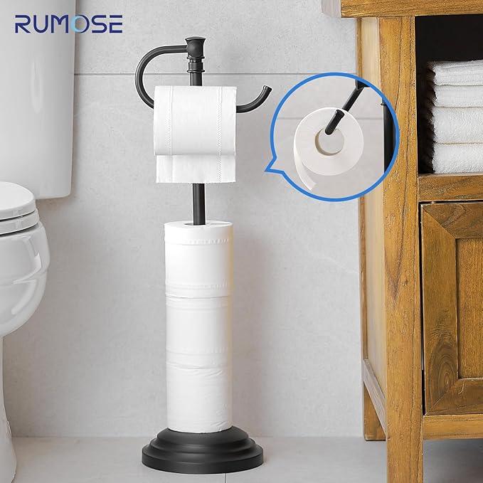 RUMOSE Toilet Paper Holder Stand for Floor,Matte Black Adjustable (12.4" to 22.8") Bathroom Toilet Tissue Holder, Free Standing Toilet Paper Roll Holder with Storage, Stainless Steel - ModernBath