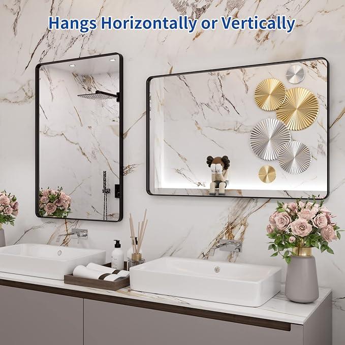WEER Black Framed Bathroom Mirror, 24X36 Inch Rounded Rectangle Black Bathroom Mirror, Matte Black Bathroom Vanity Mirror for Wall, Anti-Rust, Tempered Glass, Hangs Horizontally or Vertically - ModernBath