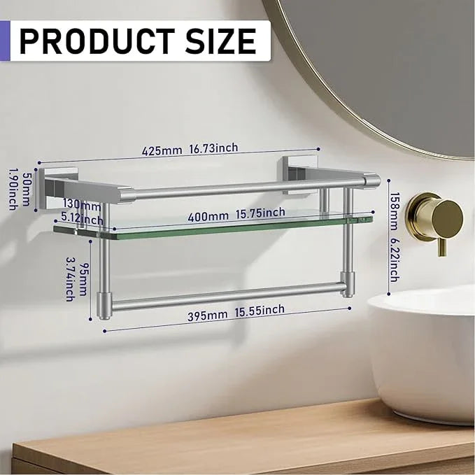 Glass Shelf for Bathroom 16 in Bathroom Shelves with Towel Bar Tempered Glass Shelves with Stainless Steel Towel Holder for Wall (Chrome Polished) - ModernBath
