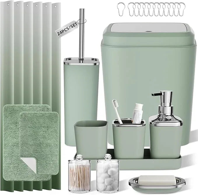 XLHOMO Sage Green Bathroom Set - 24PC Bathroom Sets with Shower Curtain and Rugs, Sage Green Bathroom Accessories Set with Press-on Lid Bathroom Trash Can, Soap Dispenser - ModernBath