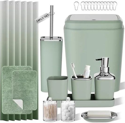 XLHOMO Sage Green Bathroom Set - 24PC Bathroom Sets with Shower Curtain and Rugs, Sage Green Bathroom Accessories Set with Press-on Lid Bathroom Trash Can, Soap Dispenser - ModernBath