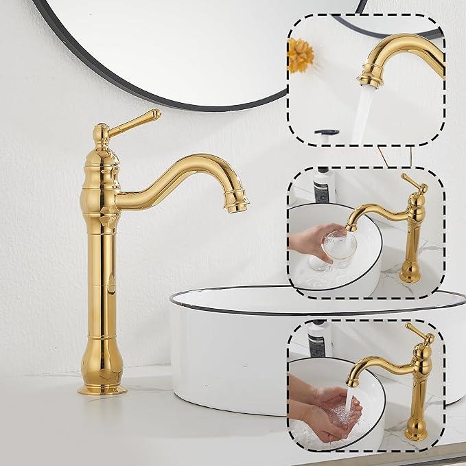 GGStudy 360 Swivel Single-Handle One Hole Bathroom Vessel Sink Faucet Matching Pop Up Drain Polished Gold Farmhouse Vanity Faucet - ModernBath